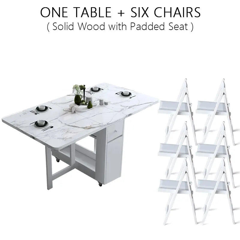 Multifunctional White Rectangle Folding Dining Table Set with Integrated Storage & 4 Chairs