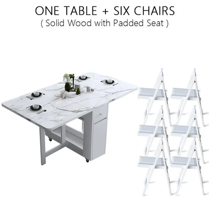 Multifunctional White Rectangle Folding Dining Table Set with Integrated Storage & 4 Chairs