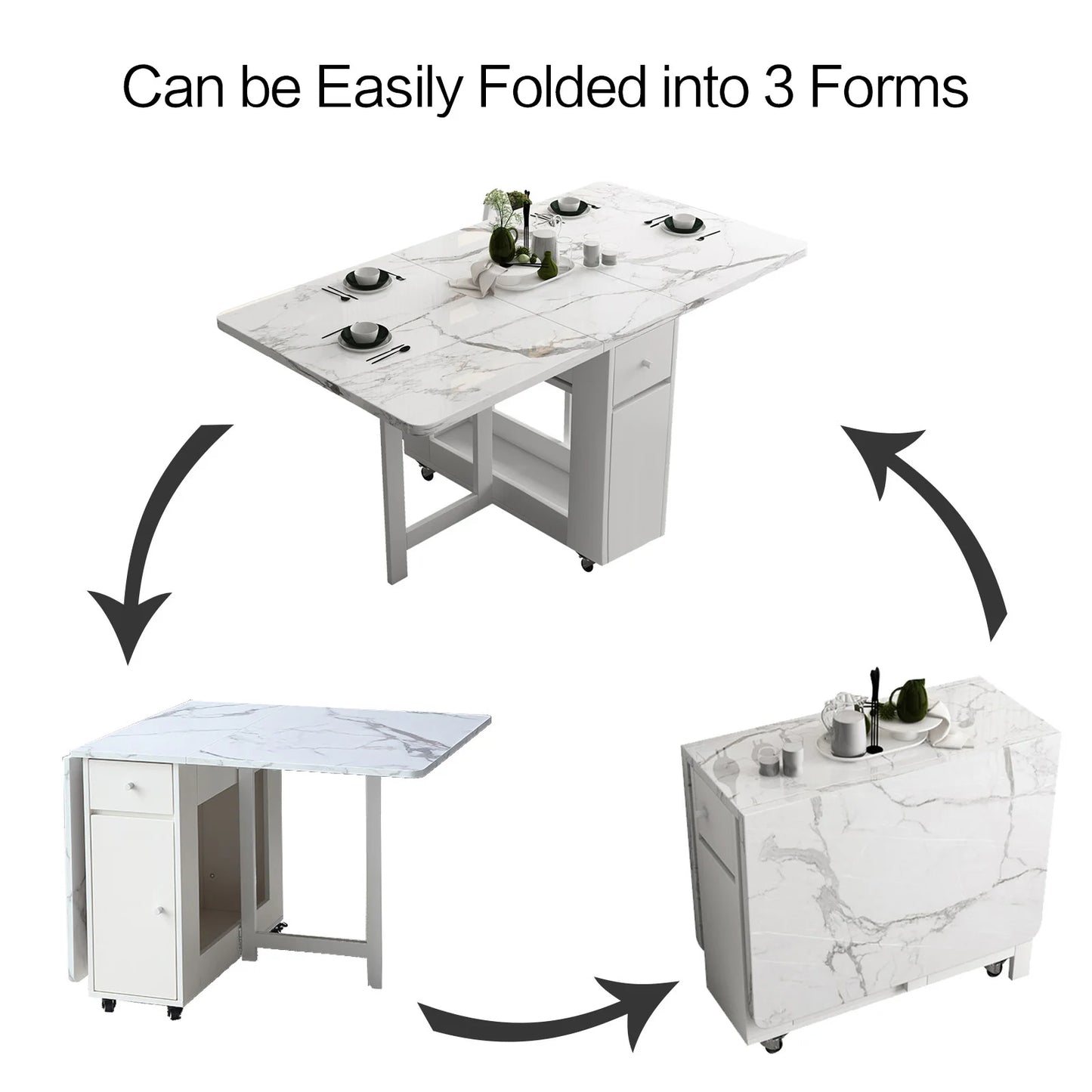 Multifunctional White Rectangle Folding Dining Table Set with Integrated Storage & 4 Chairs