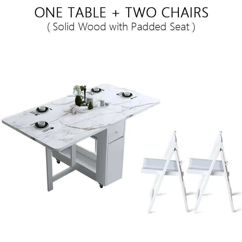 Multifunctional White Rectangle Folding Dining Table Set with Integrated Storage & 4 Chairs
