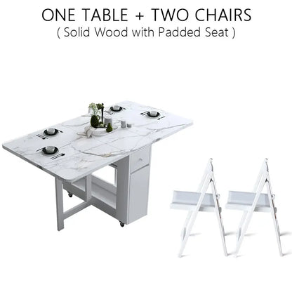 Multifunctional White Rectangle Folding Dining Table Set with Integrated Storage & 4 Chairs