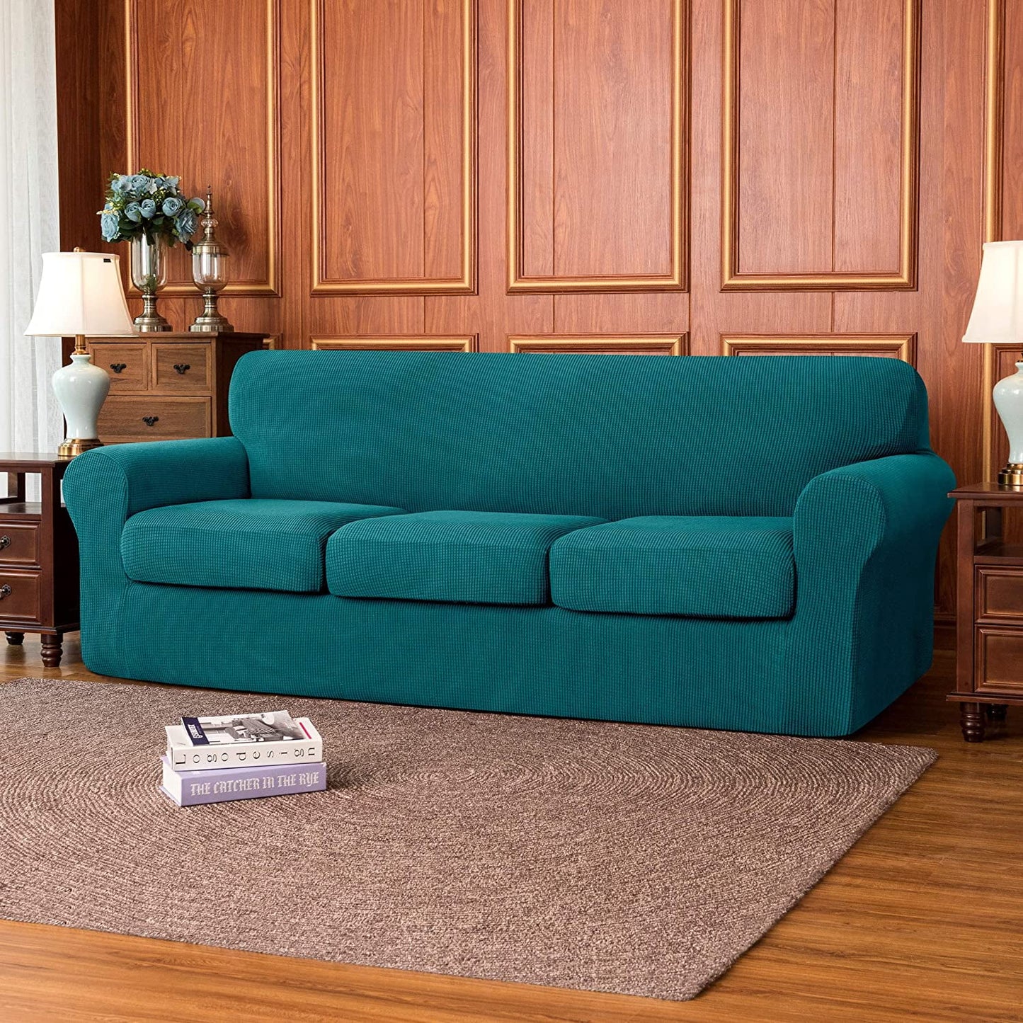 4-Piece Stretch Textured Grid Sofa Cover Slipcover,Separate Cushion Cover(Turquoise, Sofa)