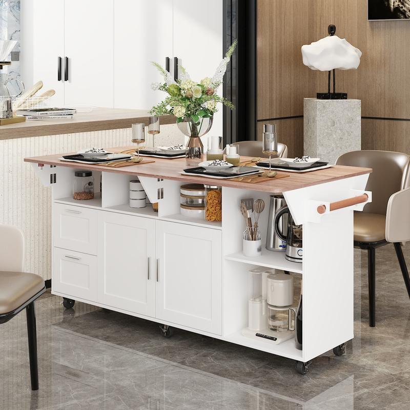 MIDHAM Kitchen Island 54" Large Rolling Kitchen Island Cart on Wheels with Drop Leaf Breakfast Bar Spice Towel Rack Mobile Island Table for Kitchen with Storage, Moveable Cabinet Drawer