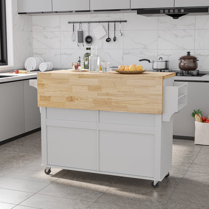 MSTG Tech 51.2” Drop-Leaf Kitchen Island – White MDF Storage Island with Adjustable Shelves, Expanding Countertop & Rolling Mobility