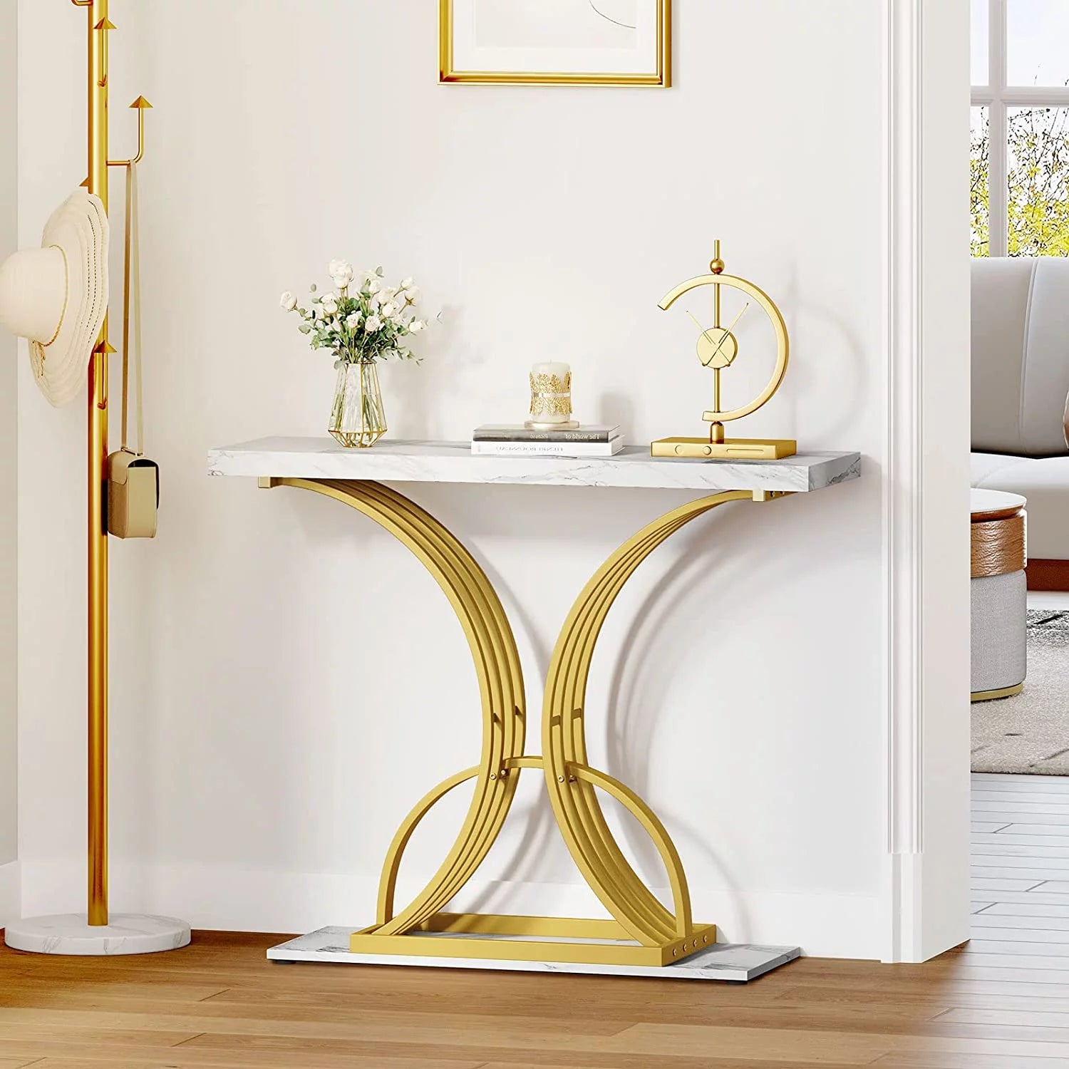 39" Console End Table with Faux Marble Top, Side Table for Living Room, Entryway, Gold