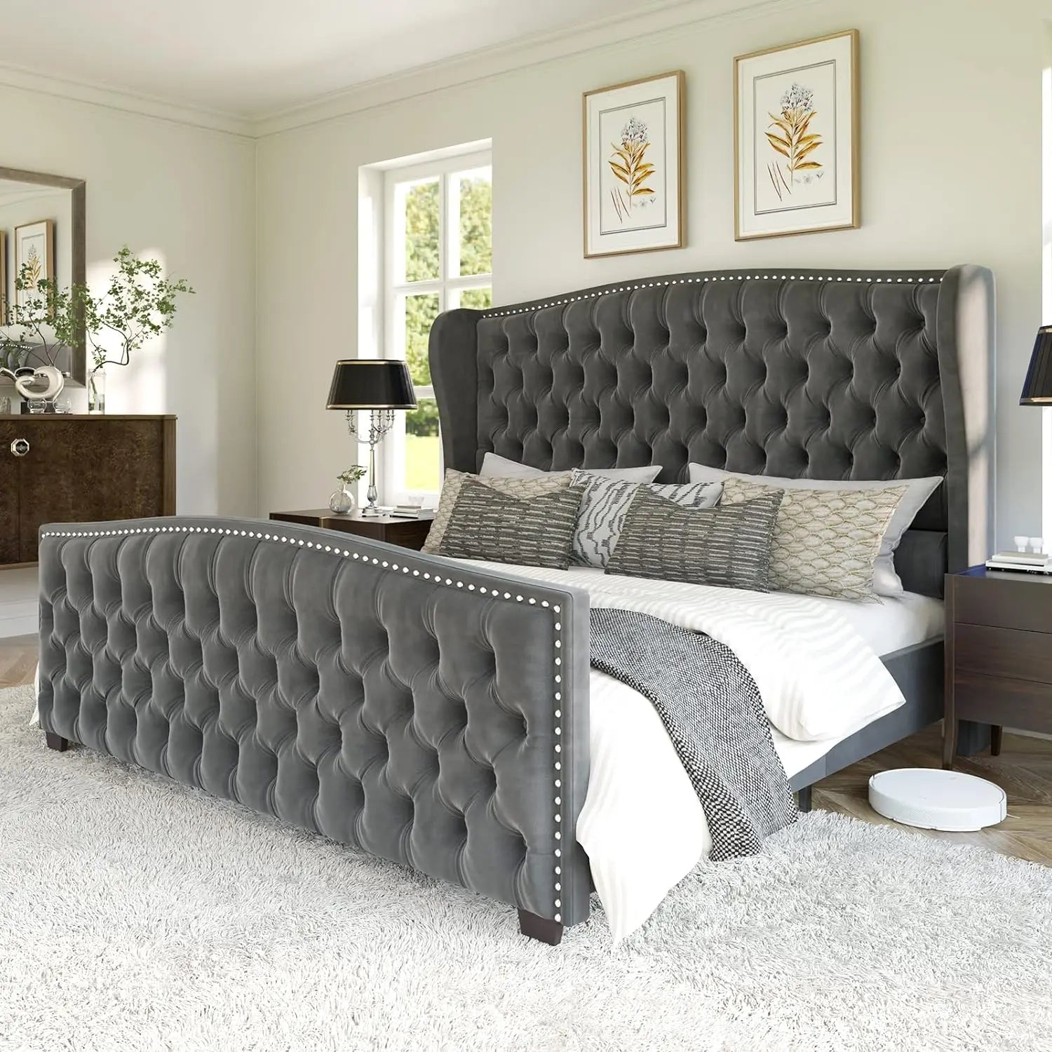 Bed Frame, Velvet Upholstered Bed with Deep Button Tufted & Nailhead Trim Wingback Headboard/No Box Spring Needed, Bed Frame