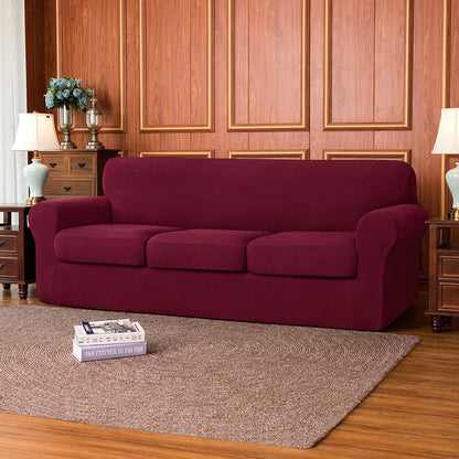 4-Piece Stretch Textured Grid Sofa Cover Slipcover,Separate Cushion Cover(Wine, Sofa)