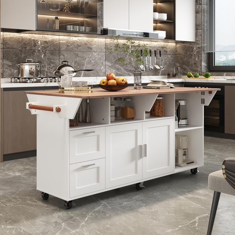 MIDHAM Kitchen Island 54" Large Rolling Kitchen Island Cart on Wheels with Drop Leaf Breakfast Bar Spice Towel Rack Mobile Island Table for Kitchen with Storage, Moveable Cabinet Drawer