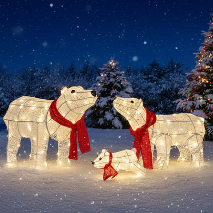3-Piece Christmas Decor Lighted Polar Bear Family, Pre-Lit Outdoor Indoor Christmas Decor with Warm White Leds
