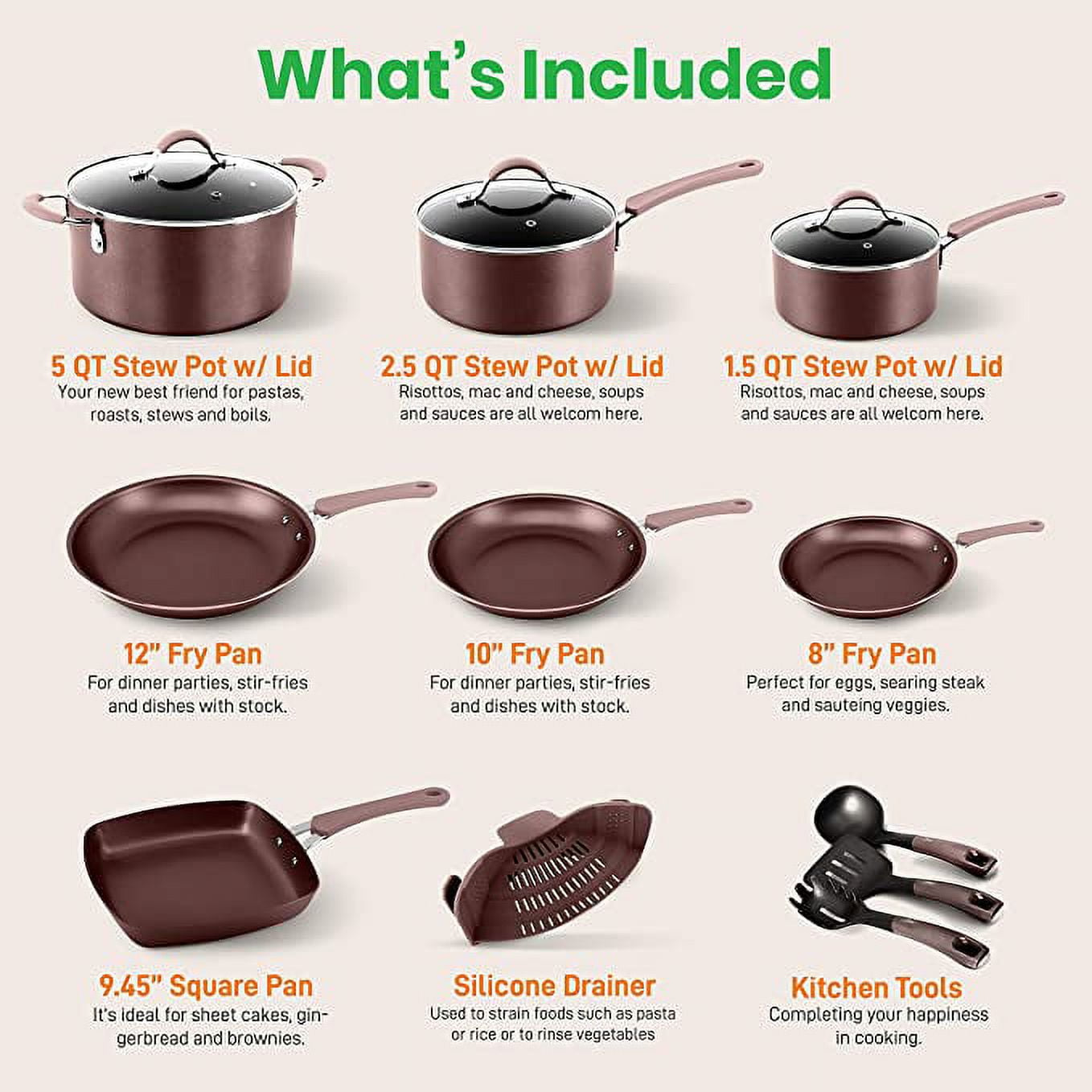 20-Piece Nonstick Cookware & Bakeware Set, PFOA/PTFE/PFOS-Free, Heat-Resistant Silicone Handles, Brown