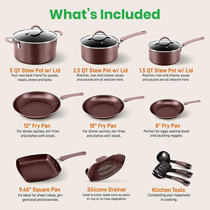 20-Piece Nonstick Cookware & Bakeware Set, PFOA/PTFE/PFOS-Free, Heat-Resistant Silicone Handles, Brown