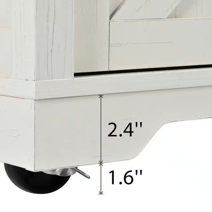 Wood 53.7 In. Kitchen Island with Power Outlet, 2-Sliding Barn Door, Drop Leaf and Wheels, White/Brown