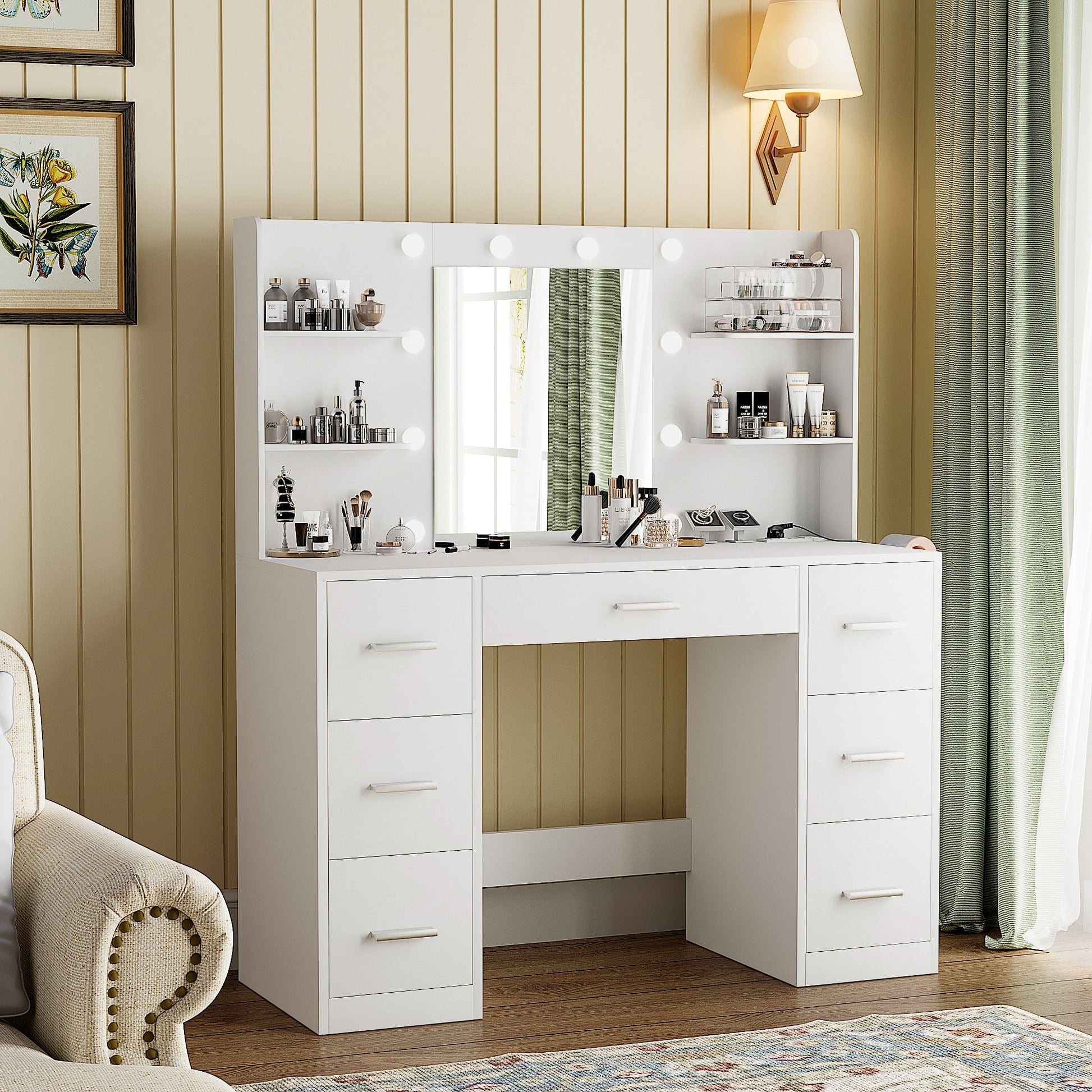 Makeup Vanity Table with Lighted Mirror, Power Outlet, 7 Drawers and 6 Storage Shelves, White Bedroom Vanity Desk