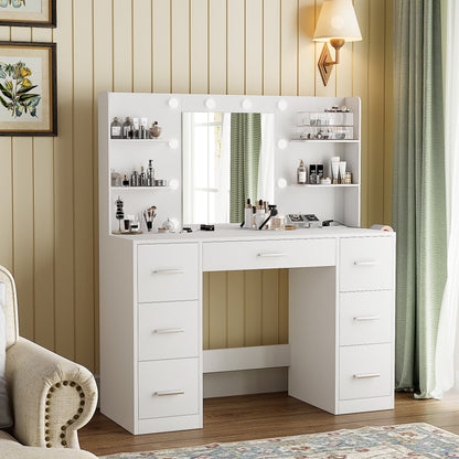 Makeup Vanity Table with Lighted Mirror, Power Outlet, 7 Drawers and 6 Storage Shelves, White Bedroom Vanity Desk