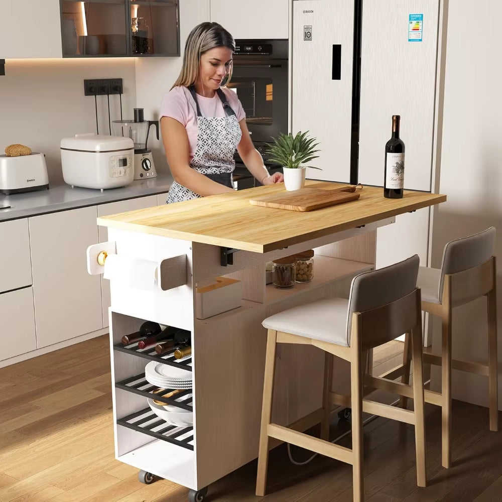 Rolling Mobile Kitchen Island Cart Bar with Desktop Drop Leaf Countertop, Island Table Storage with 5 Wheels, Kitchen Cabinet