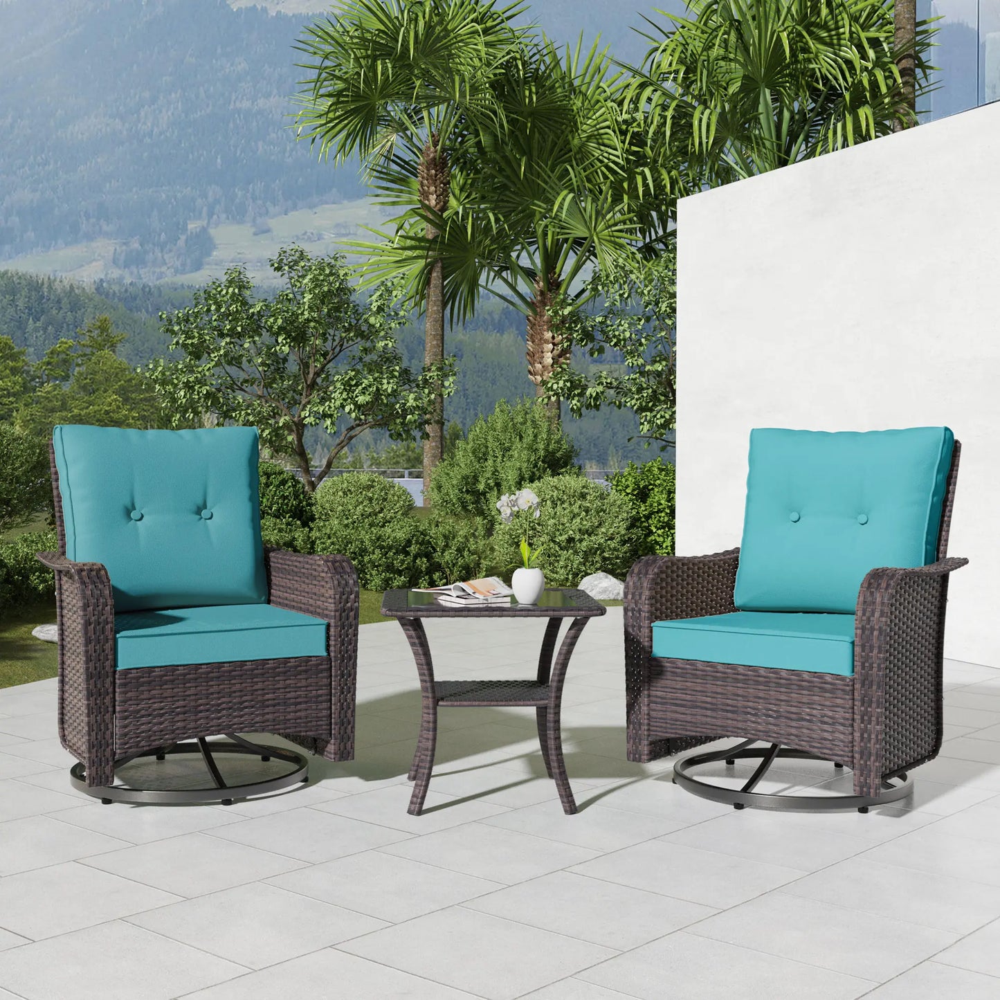 3-Piece Patio Furniture Set with Swivel Rocking Chairs & Table – Outdoor Rattan Porch Lounge Set