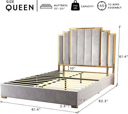 Queen Size Bed Frame and 61" Headboard Upholstered Bed with Golden Plating Trim Modern Platform Bed No Box Spring Needed