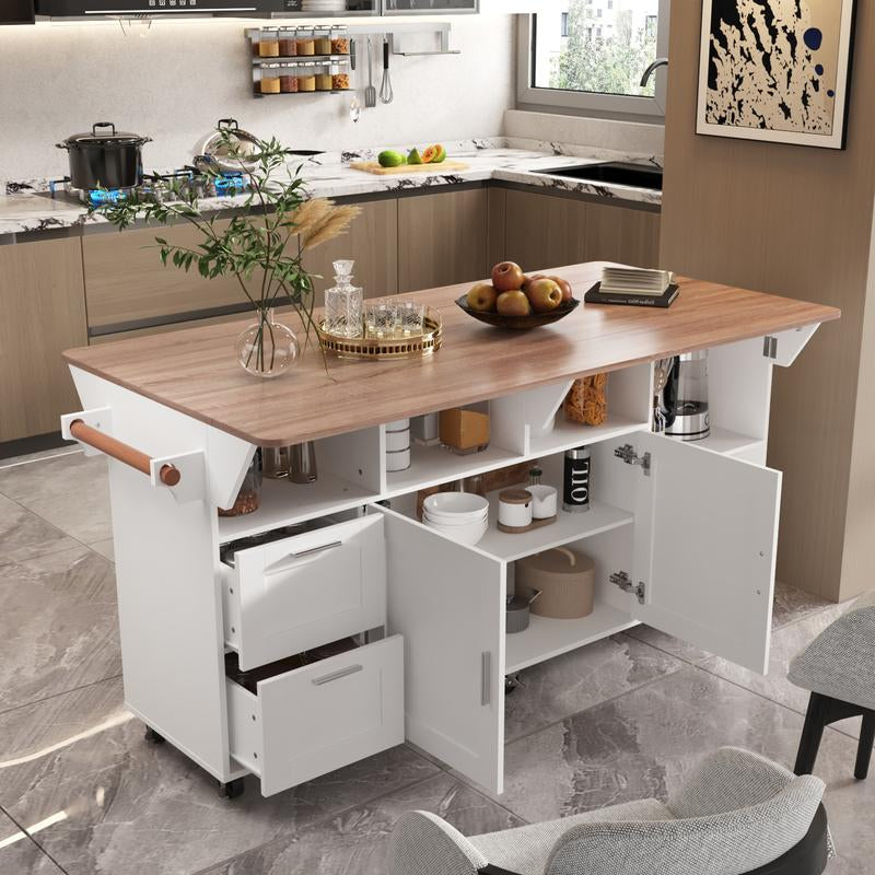 MIDHAM Kitchen Island 54" Large Rolling Kitchen Island Cart on Wheels with Drop Leaf Breakfast Bar Spice Towel Rack Mobile Island Table for Kitchen with Storage, Moveable Cabinet Drawer