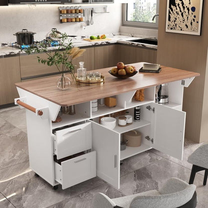 MIDHAM Kitchen Island 54" Large Rolling Kitchen Island Cart on Wheels with Drop Leaf Breakfast Bar Spice Towel Rack Mobile Island Table for Kitchen with Storage, Moveable Cabinet Drawer