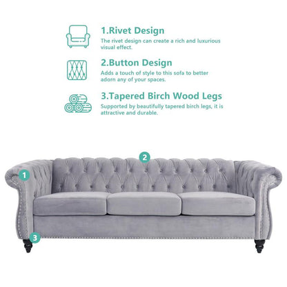 Giratree Furniture 78" 3-Seater Velvet Sofa | Tufted Back Chesterfield Upholstered Couch | Ideal for Living Room, Apartment, Office, Reception, Lounge, Small Spaces