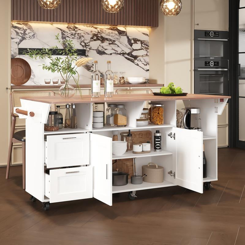MIDHAM Kitchen Island 54" Large Rolling Kitchen Island Cart on Wheels with Drop Leaf Breakfast Bar Spice Towel Rack Mobile Island Table for Kitchen with Storage, Moveable Cabinet Drawer
