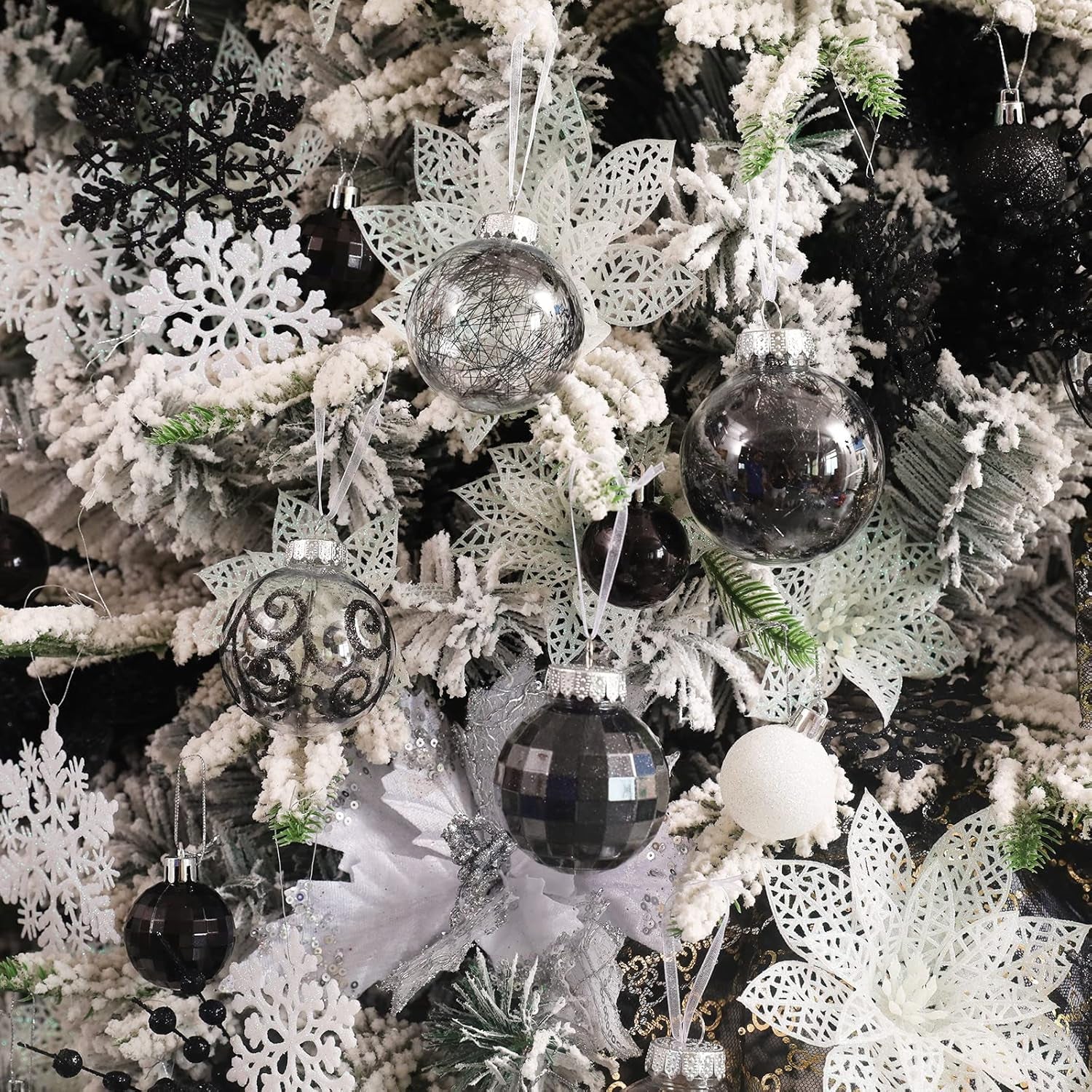Shatterproof Clear Plastic Christmas Ball Ornaments Set with Stuffed Decorative Baubles (70mm / 2.76", Black)