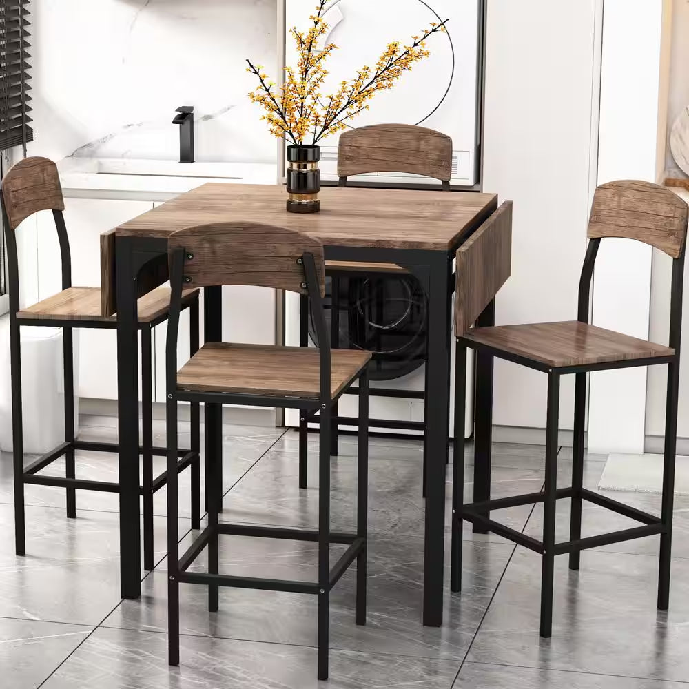 5-Piece Drop Leaf Rectangle Brown Wood Top Black Dining Room Set Seats 4