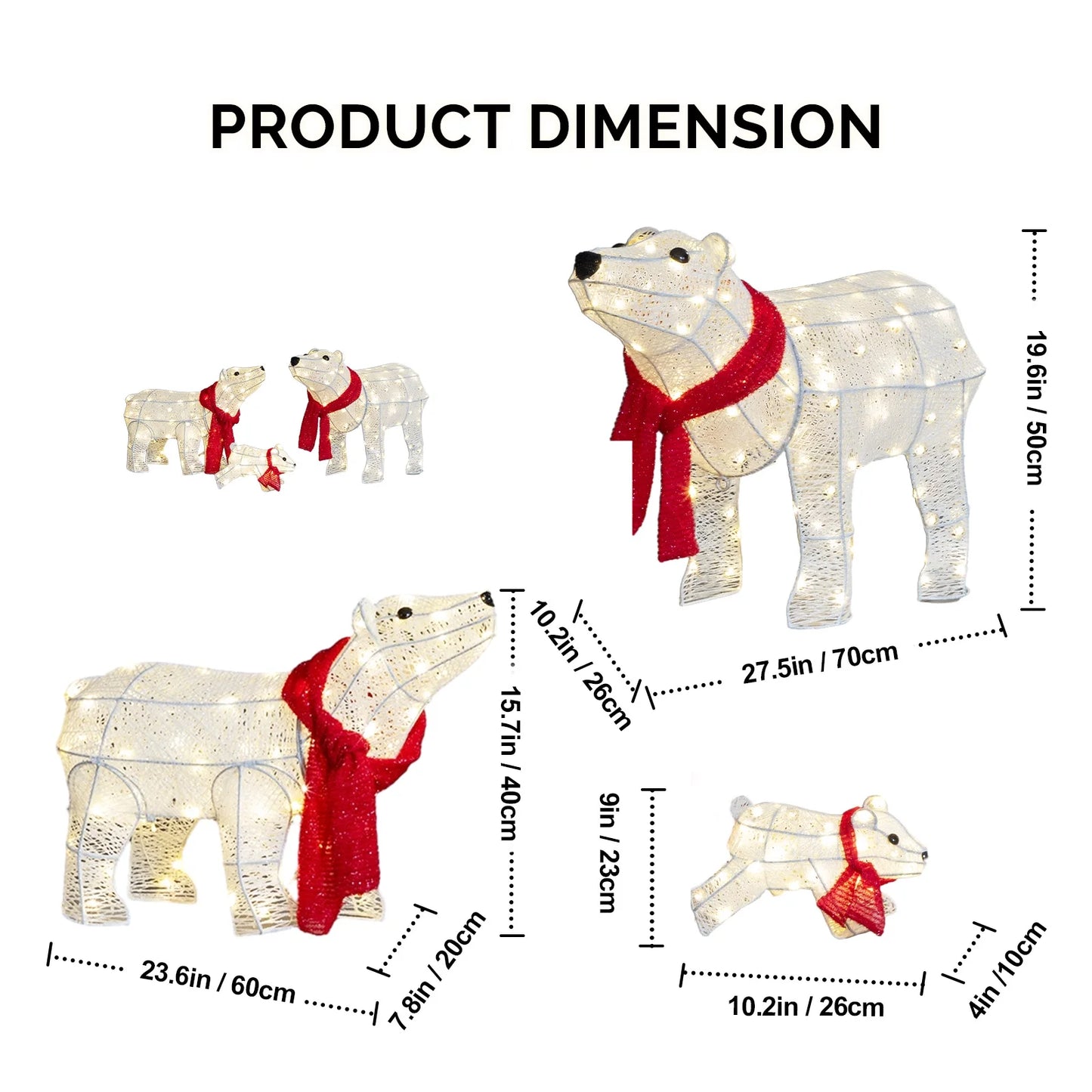 3-Piece Christmas Decor Lighted Polar Bear Family, Pre-Lit Outdoor Indoor Christmas Decor with Warm White Leds