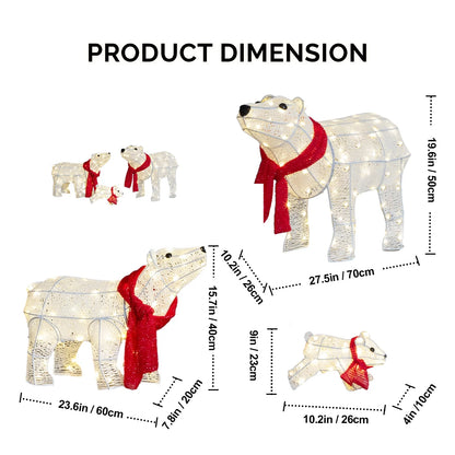 3-Piece Christmas Decor Lighted Polar Bear Family, Pre-Lit Outdoor Indoor Christmas Decor with Warm White Leds