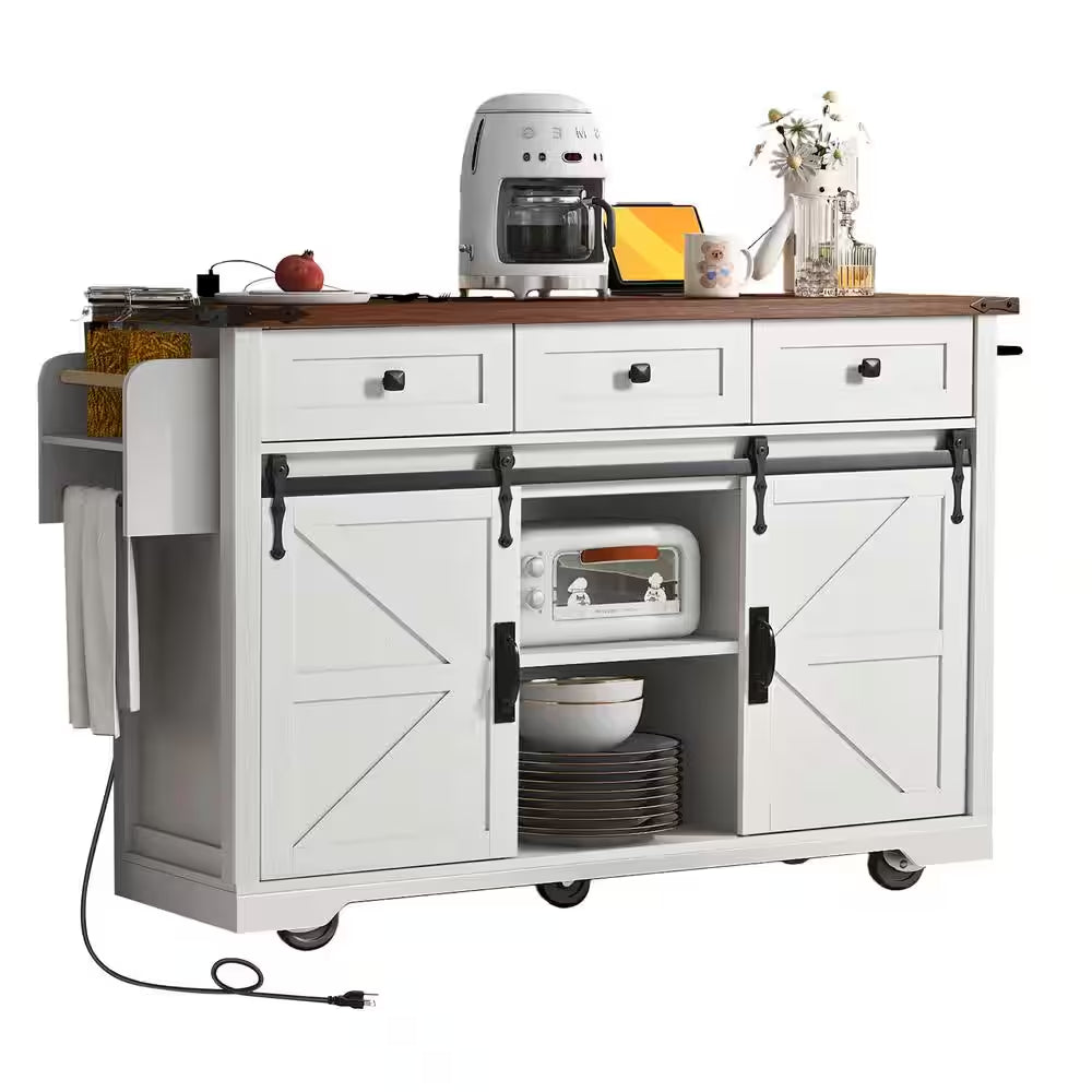 Wood 53.7 In. Kitchen Island with Power Outlet, 2-Sliding Barn Door, Drop Leaf and Wheels, White/Brown