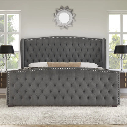 King Size Bed Frame, Velvet Upholstered Bed with Deep Button Tufted Wingback Headboard，Grey