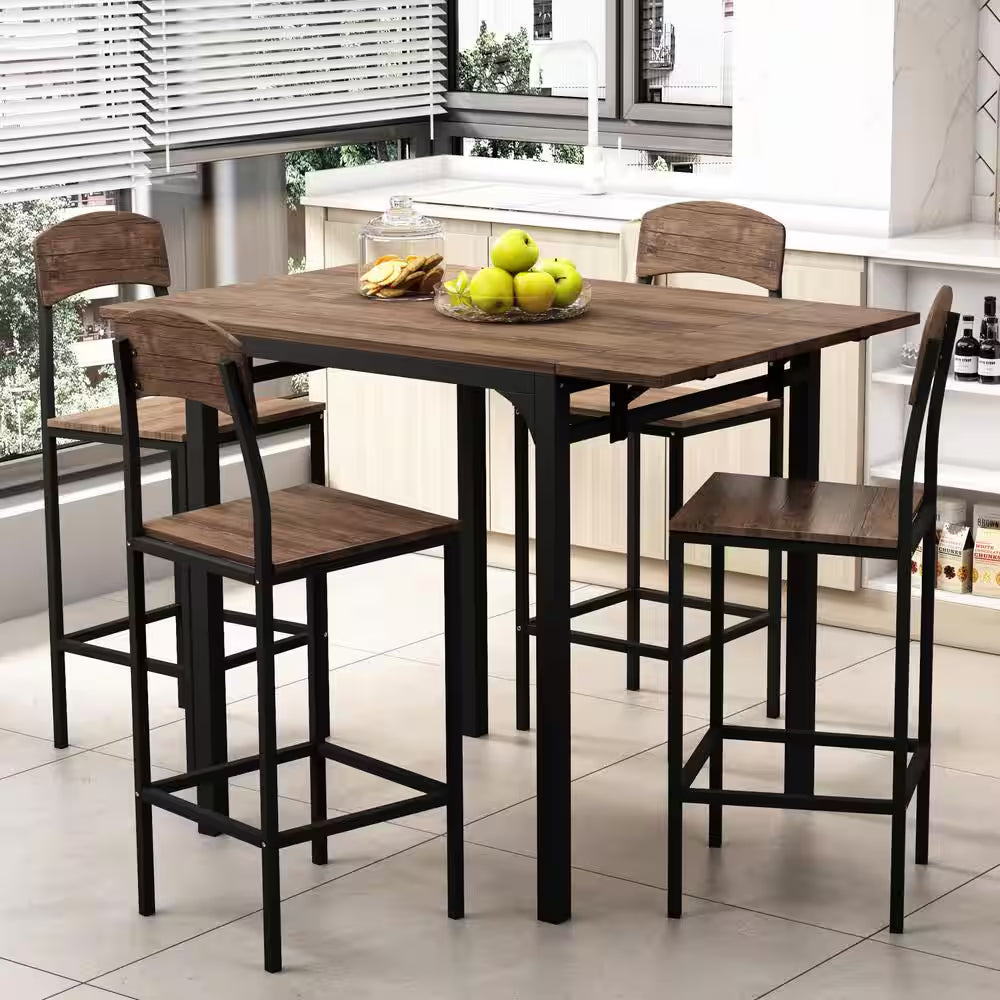 5-Piece Drop Leaf Rectangle Brown Wood Top Black Dining Room Set Seats 4