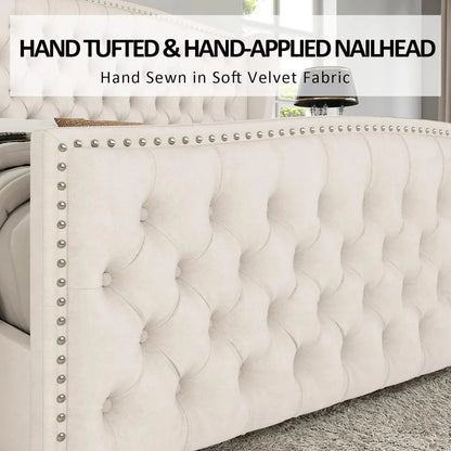 Bed Frame, Velvet Upholstered Bed with Deep Button Tufted & Nailhead Trim Wingback Headboard/No Box Spring Needed, Bed Frame