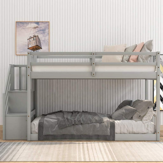 Solid Wood Twin over Twin Low Bunk Bed with Storage and Guardrail for Children and Toddlers