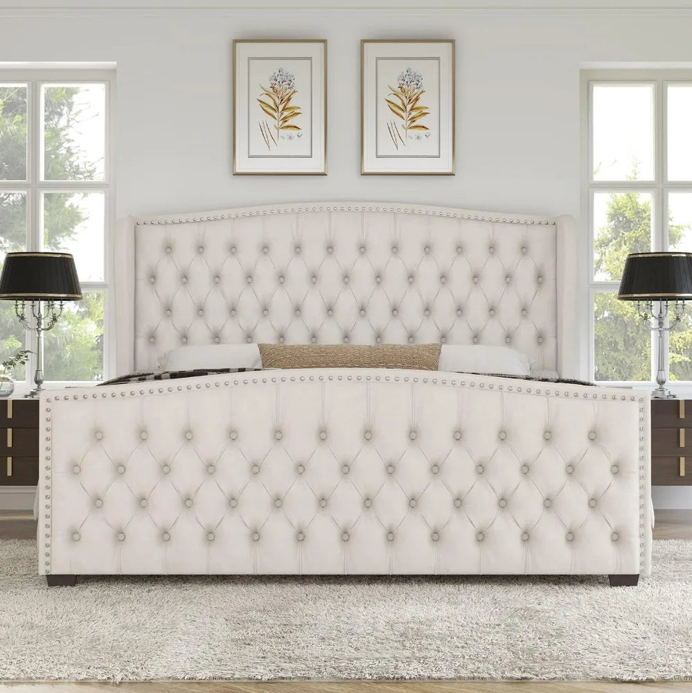 Bed Frame, Velvet Upholstered Bed with Deep Button Tufted & Nailhead Trim Wingback Headboard/No Box Spring Needed, Bed Frame