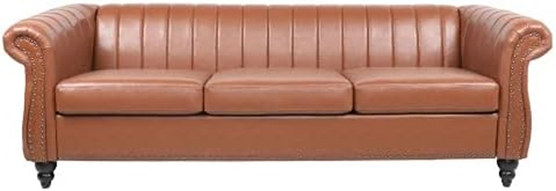 Chesterfield 3-Seater Sofa in PU Leather with Rolled Arms and Studded Accents, Featuring Rotating Solid Wood Legs - Bronze Finish
