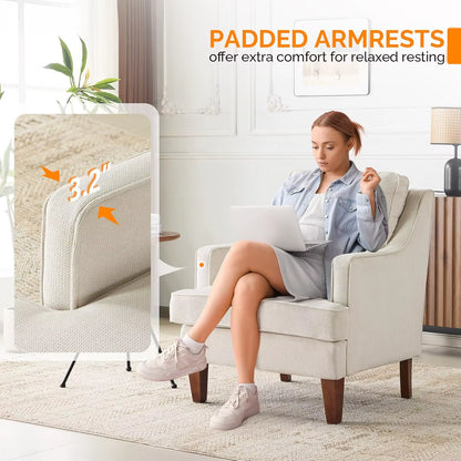 Mid-Century Modern Accent Chairs Set of 2, Beige Upholstered Armchair Comfy Sofa Chairs Reading Chair High Back for Living Room