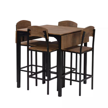 5-Piece Drop Leaf Rectangle Brown Wood Top Black Dining Room Set Seats 4