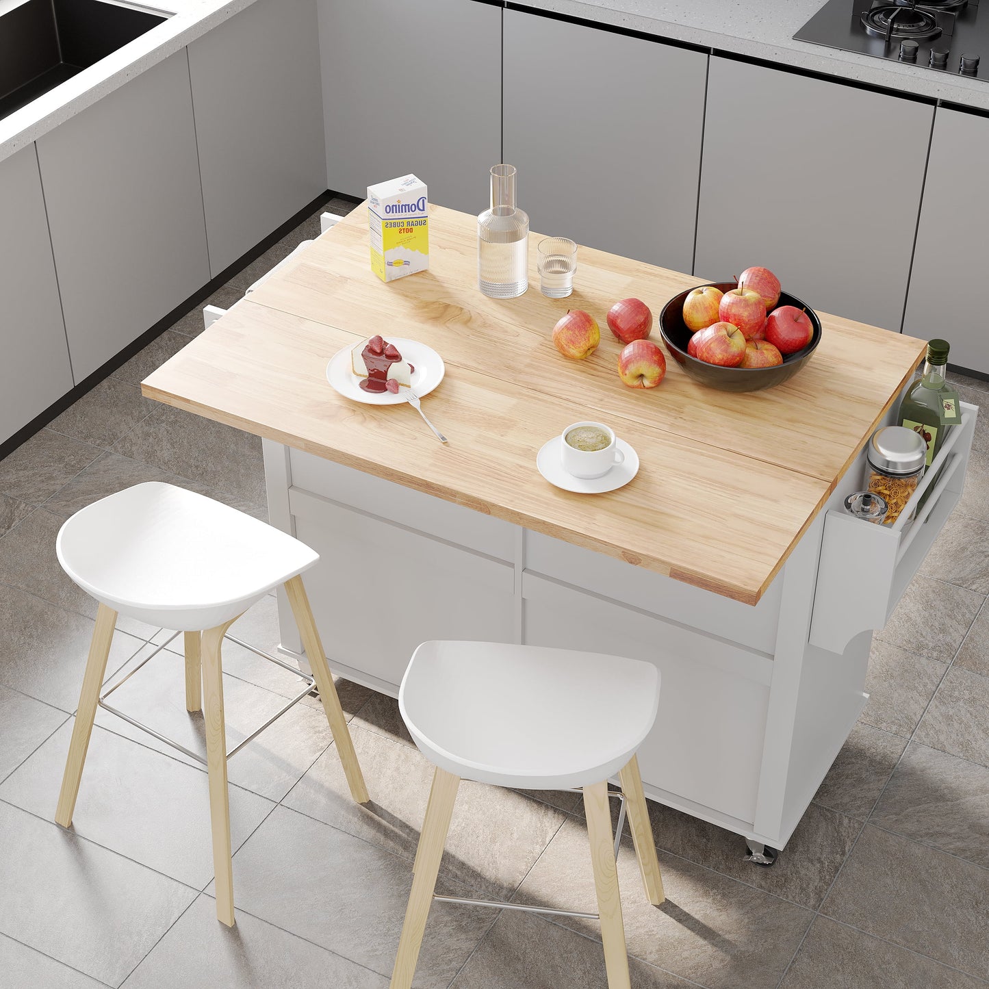 MSTG Tech 51.2” Drop-Leaf Kitchen Island – White MDF Storage Island with Adjustable Shelves, Expanding Countertop & Rolling Mobility