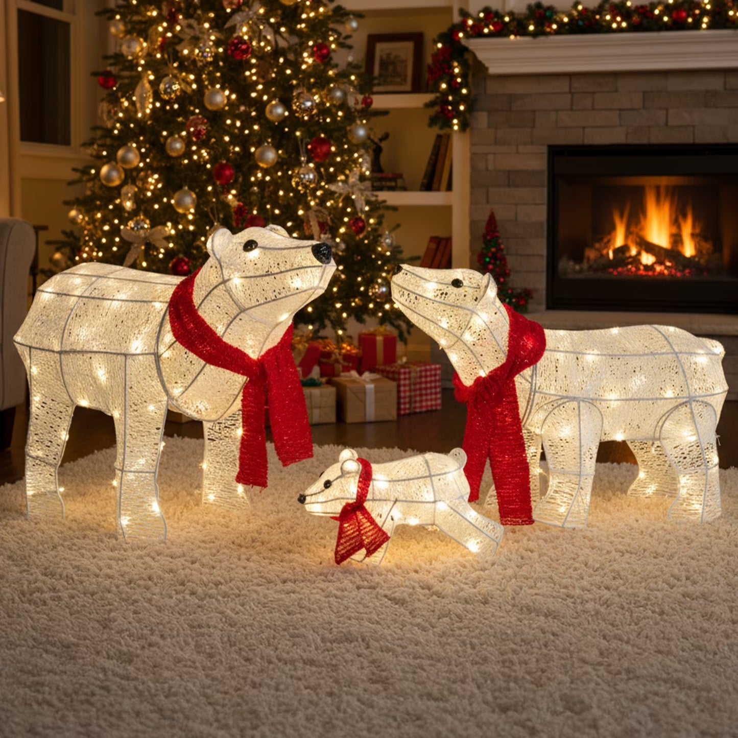 3-Piece Christmas Decor Lighted Polar Bear Family, Pre-Lit Outdoor Indoor Christmas Decor with Warm White Leds