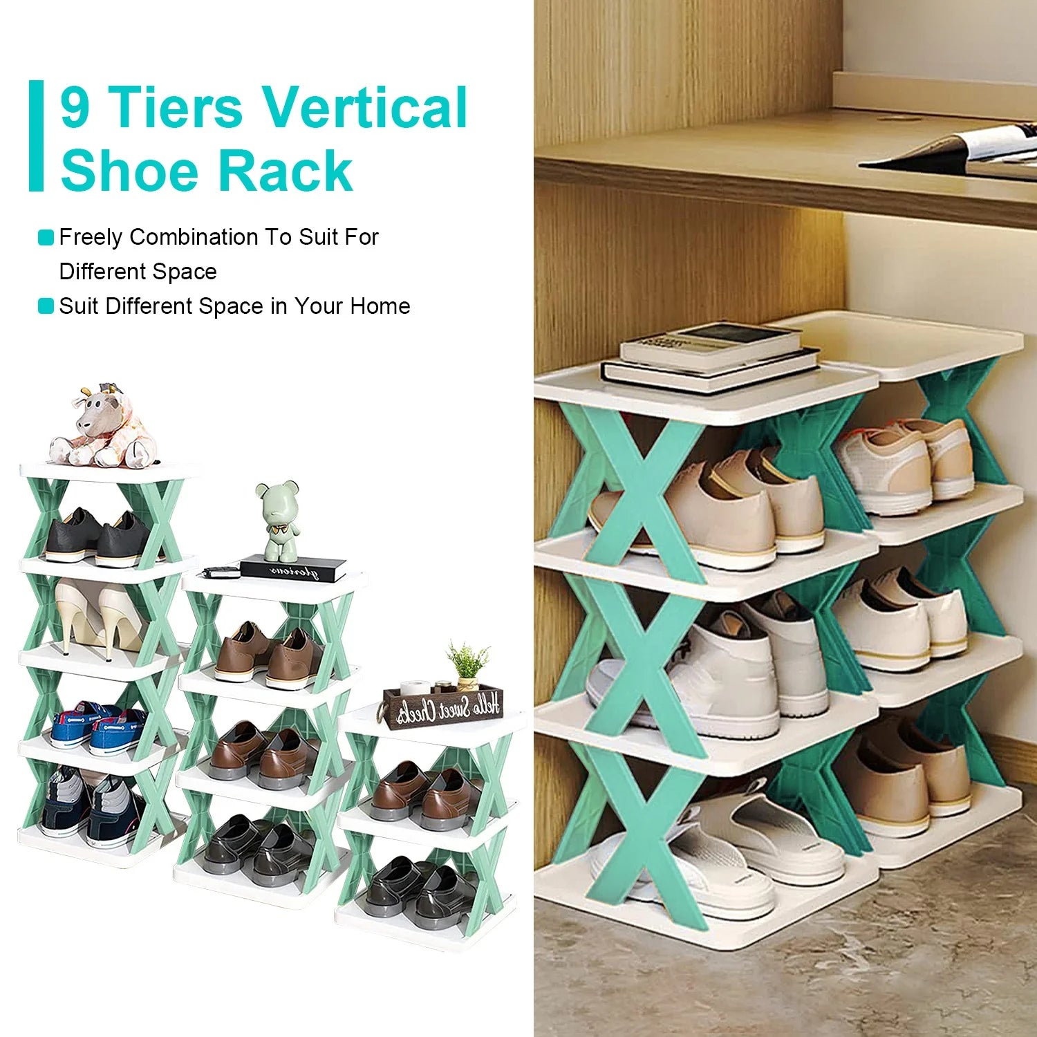 9 Tiers Shoe Rack Organizer, 9 Pairs of Shoes Narrow Entryway Shoe Rack Plastic Vertical Shoe Storage Organizer Space Saving Free Standing Shoes Storage Shelf Closet Hallway, Orange