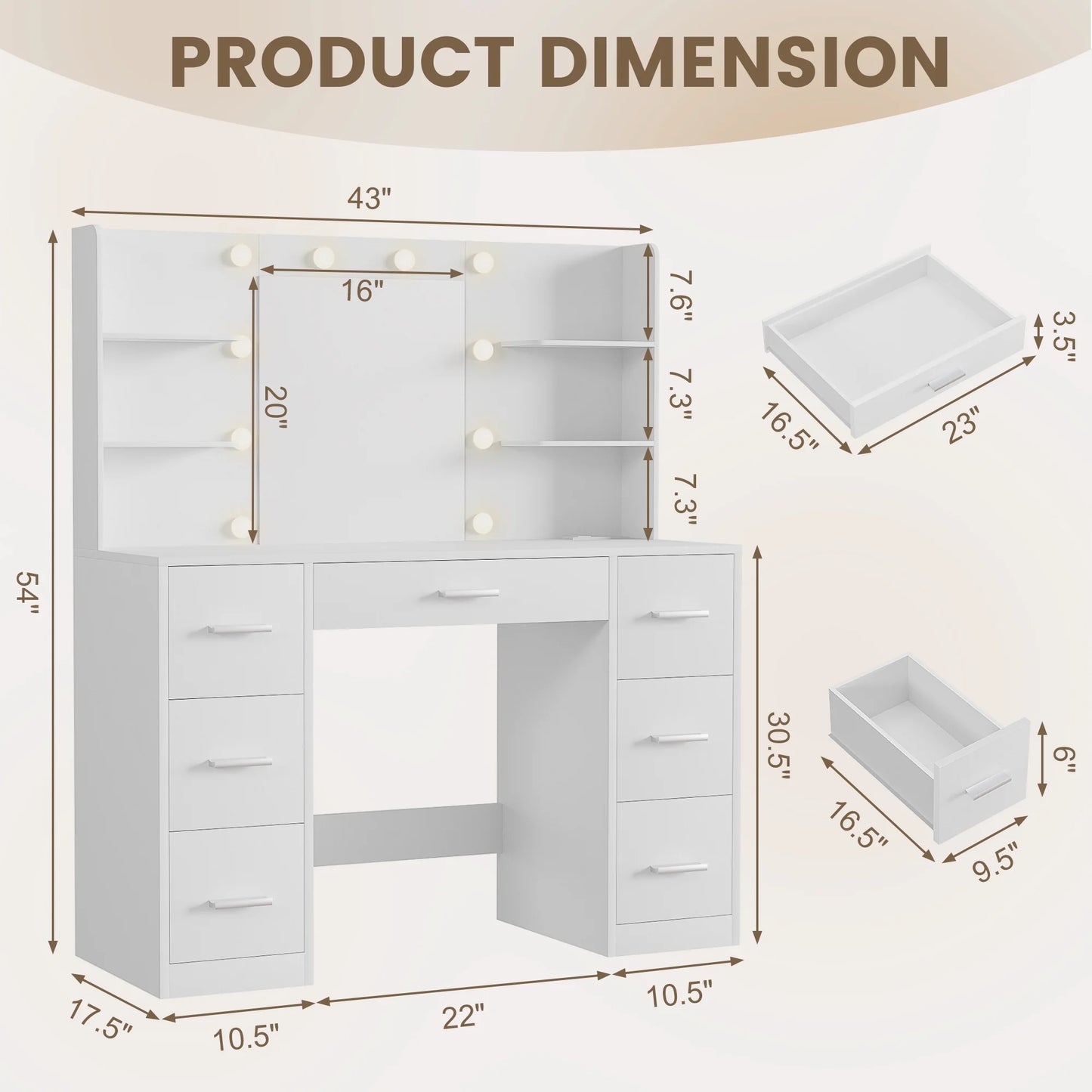 Makeup Vanity Table with Lighted Mirror, Power Outlet, 7 Drawers and 6 Storage Shelves, White Bedroom Vanity Desk