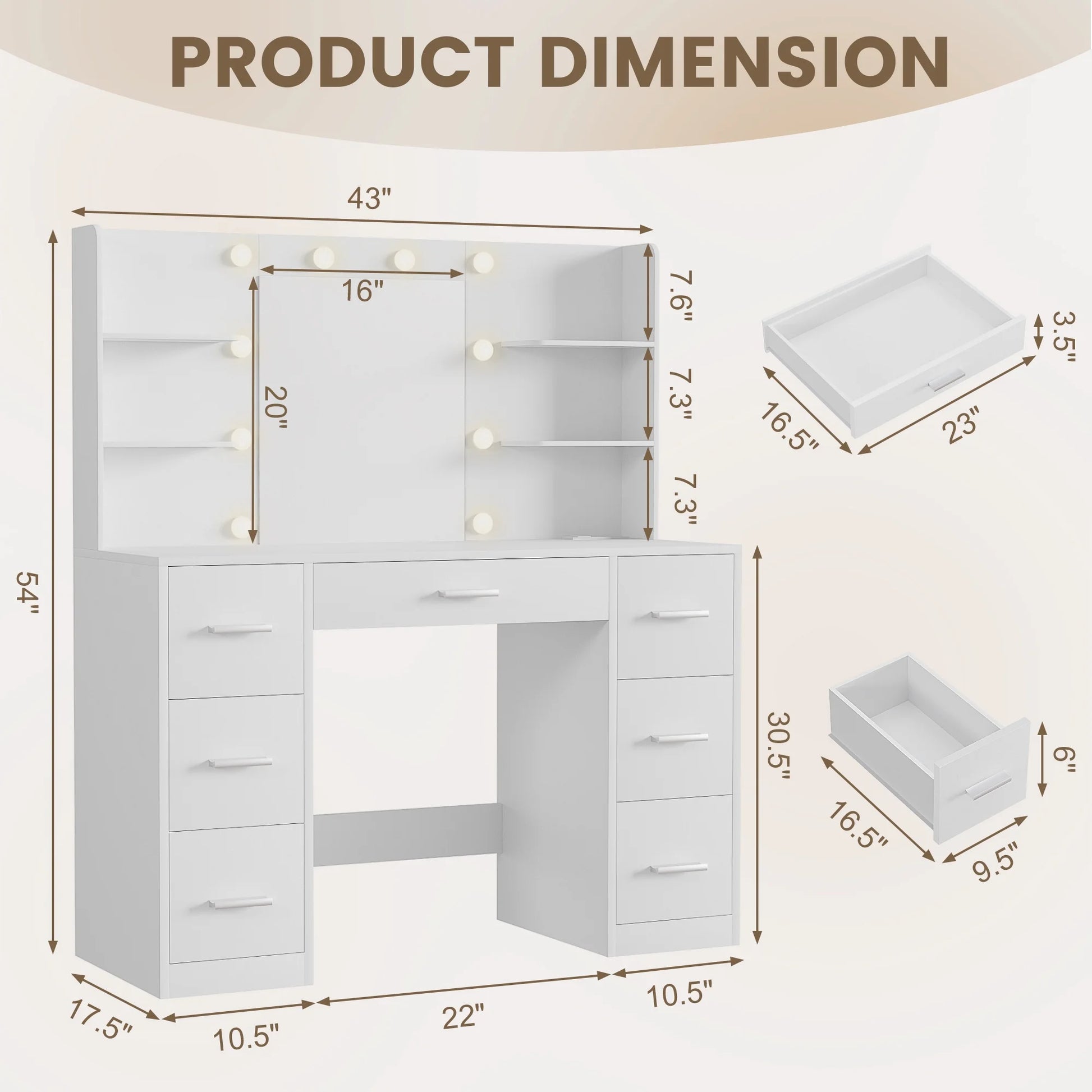Makeup Vanity Table with Lighted Mirror, Power Outlet, 7 Drawers and 6 Storage Shelves, White Bedroom Vanity Desk