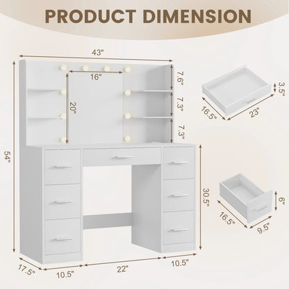 Makeup Vanity Table with Lighted Mirror, Power Outlet, 7 Drawers and 6 Storage Shelves, White Bedroom Vanity Desk