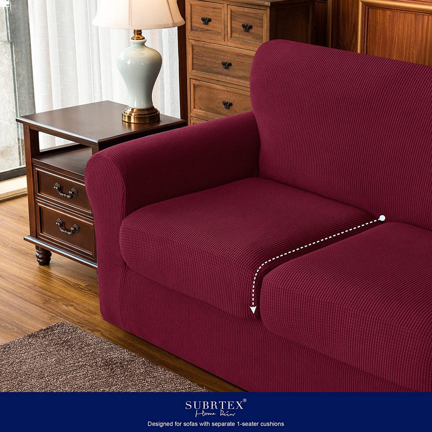 3-Piece High Spandex Textured Grid Sofa Slipcover, Separate Cushion Cover(Wine, Loveseat)