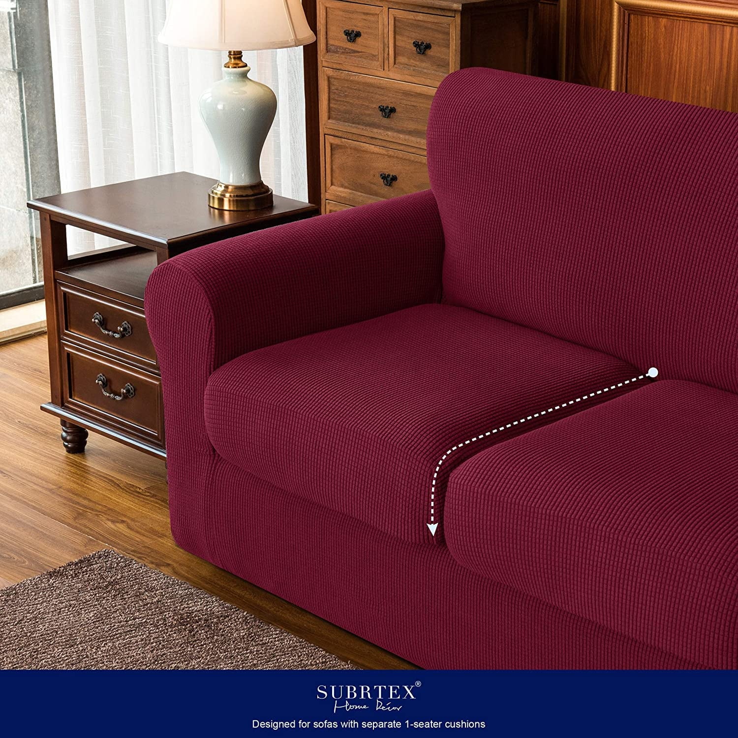 3-Piece High Spandex Textured Grid Sofa Slipcover, Separate Cushion Cover(Wine, Loveseat)