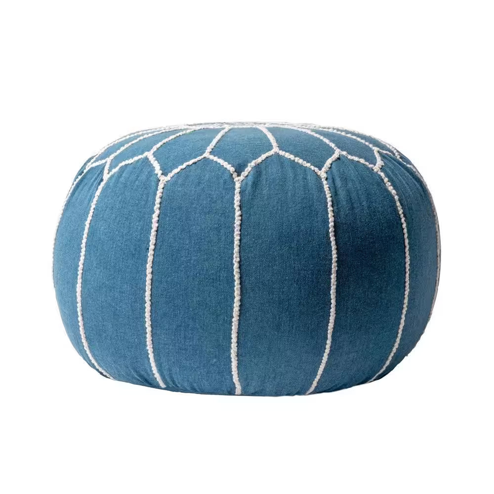 Elegant Round Blue Moroccan Cotton Ottoman Pouf