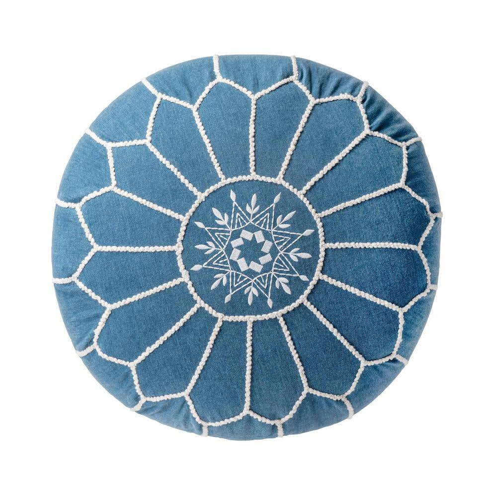 Elegant Round Blue Moroccan Cotton Ottoman Pouf