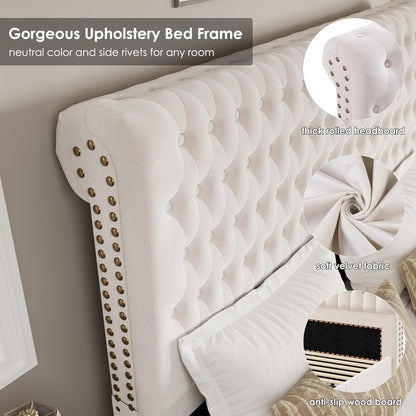 King Size Bed Frame 55" Tall Headboard with Gorgeous Button Tufted and Nail, ...