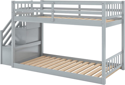 Solid Wood Twin over Twin Low Bunk Bed with Storage and Guardrail for Children and Toddlers